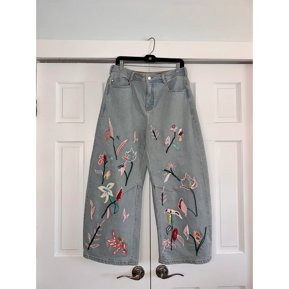 Pilcro Embroidered Bowed Slouch High-Rise Jeans Petite 29P Light Wash Floral - Picture 3 of 8